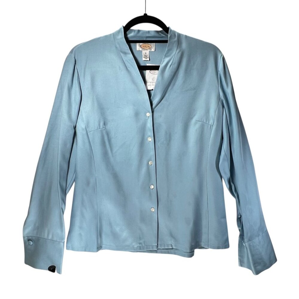 NWOT Talbots Womens 10 Blue Silk Wool Blend Blouse Button Up V Neckline Elegant - Picture 1 of 12